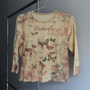 Butterfly Womens Top Cream Long Sleeve Butterfly Print Logos‎